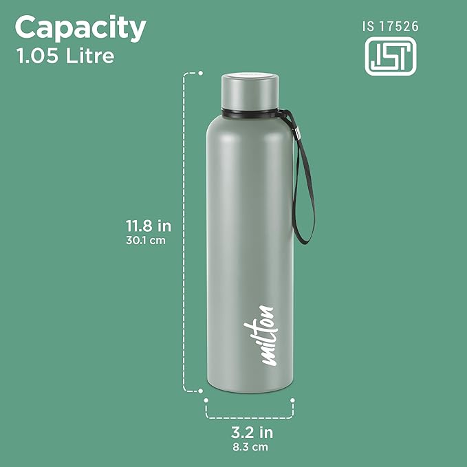 Milton Aura 1000 Thermosteel Water Bottle, 24 Hr Hot and Cold I Leak Proof Lid, ISI Certified I Vacuum Insulated I for Office, Gym, School I Grey
