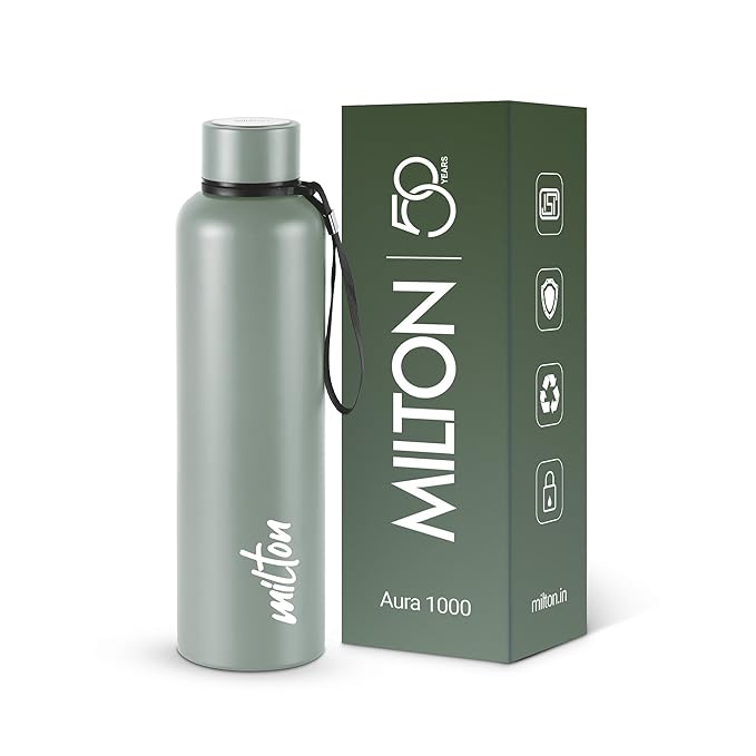 Milton Aura 1000 Thermosteel Water Bottle, 24 Hr Hot and Cold I Leak Proof Lid, ISI Certified I Vacuum Insulated I for Office, Gym, School I Grey