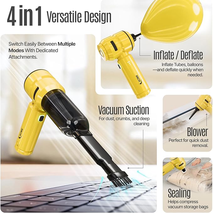 SEZNIK Vacuum Cleaner for Car Use | Home Use | 4 in 1 Cordless Car Vacuum Cleaner & Blower | Rechargeable 6000mAh | 3 Speed Suction Upto 15000PA | Sofa, Mattress & More | BLDC Motor | 1 Year Warranty